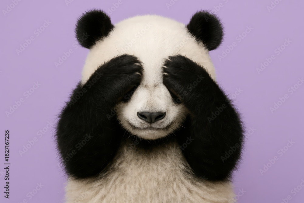 Obraz premium Baby panda is hiding its eyes behind its paws. Concept of innocence and curiosity, as the panda is trying to conceal its eyes, possibly out of shyness or playfulness