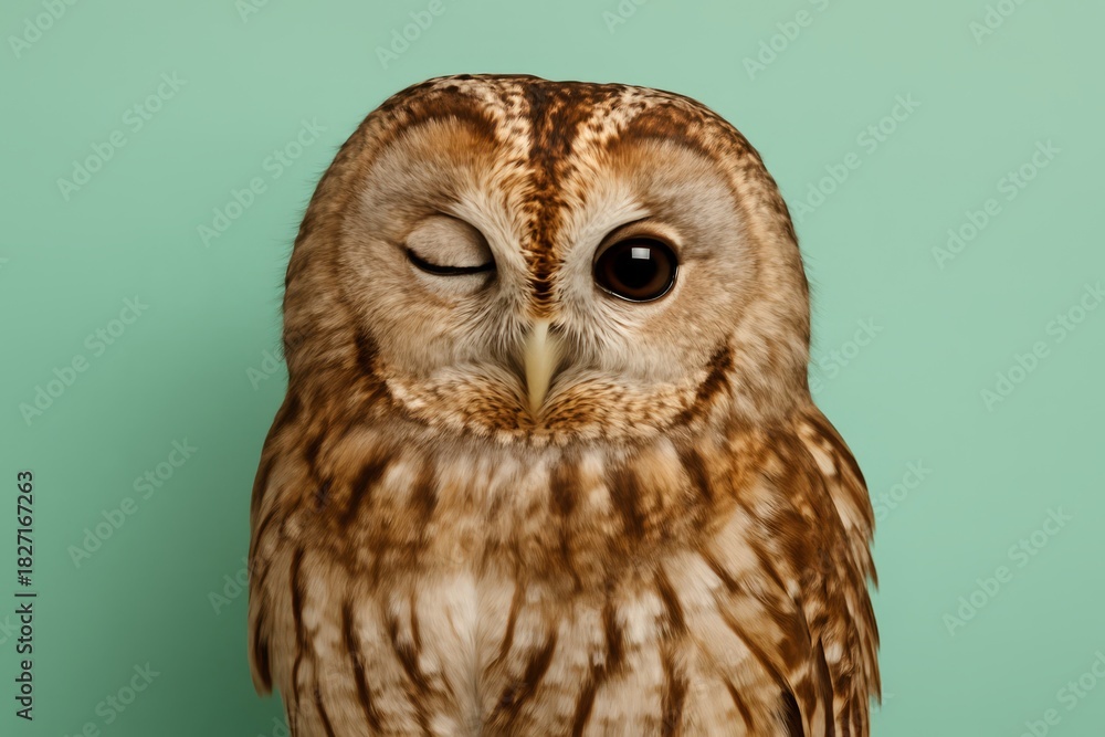 Naklejka premium Brown owl with its eyes closed and one eye open. The owl is looking at the camera