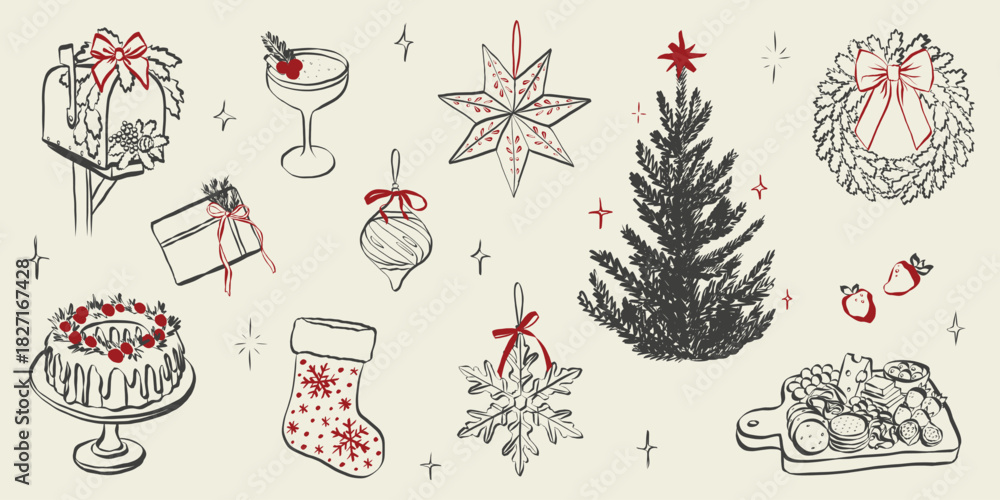 Naklejka premium Vintage chalk-style Christmas celebration sketch with festive table, champagne glasses, wrapped gifts, holiday decorations, and charming hand-drawn winter dinner elements
