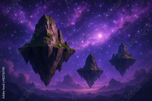 Purple sky with three floating islands in the distance. The sky is filled with stars and the islands are floating in the air