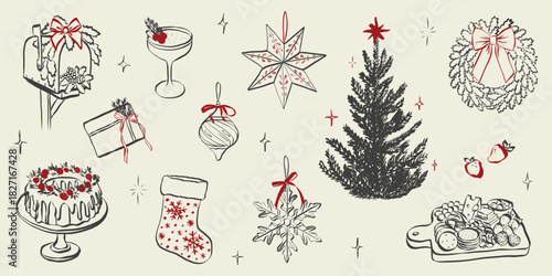 Vintage chalk-style Christmas celebration sketch with festive table, champagne glasses, wrapped gifts, holiday decorations, and charming hand-drawn winter dinner elements