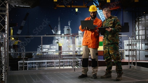 Professional military operative communicates via radio on offshore platform, coordinating with intelligence service units to prevent terrorist threats and ensure mission safety.