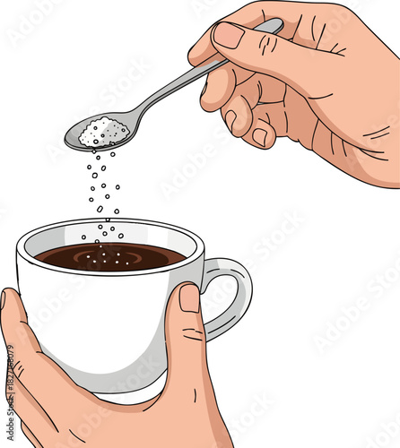 Hands Sweetening a Hot Beverage with a Spoonful of Sugar