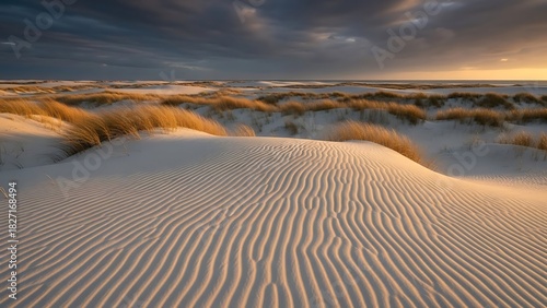 Fototapeta Naklejka Na Ścianę i Meble -  Rippled sand dune landscape at sunset with dramatic sky and sea grass