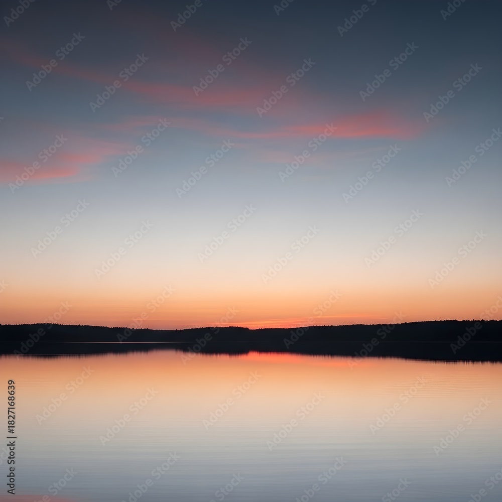 Obraz premium Beautiful sunset over the lake and river, with orange sunlight reflecting on the water, clouds painting the blue sky, and nature's landscape at dusk