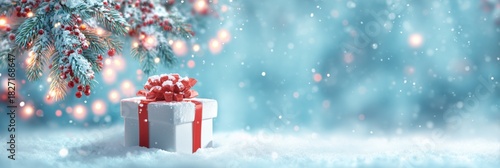 a christmas present with a red ribbon and bow on snow, a white gift box standing in the snow against a blue background with bokeh lights Generative AI