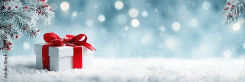 christmas background with a white gift box and red ribbon on snow, a blue sky with bokeh lights and pine tree branches Generative AI