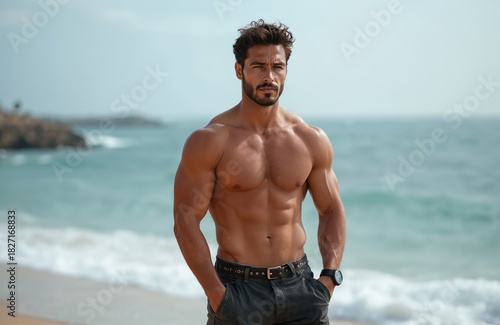 Muscular topless man stands on a beach. He wears shorts and watch. Model poses showing strong body. Ocean waves on background. Handsome fit guy at seaside.