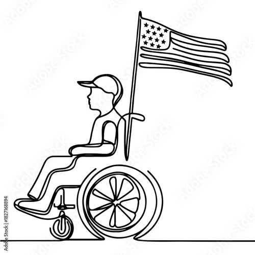 Boy in wheelchair holding US flag in line art