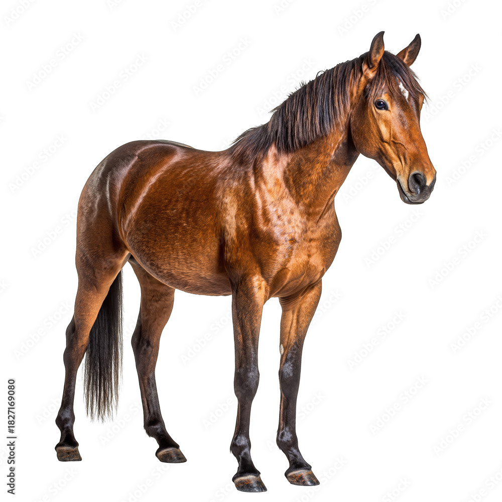Obraz premium A Realistic Brown Horse Standing Still In A Studio With A Black Background And Detailed Mane And Tail
