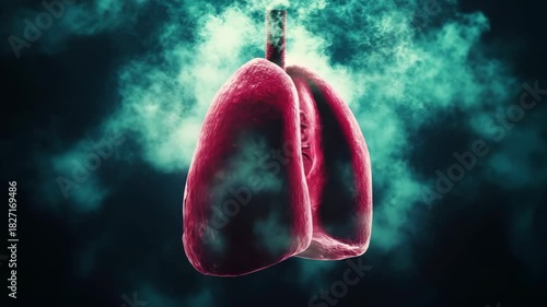 Creative digital illustration of human lungs glowing in pink and green neon tones, symbolizing health, biology, breath, and medical science, showing life energy and anatomy in futuristic modern style