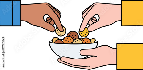 Sharing Snacks: A diverse group of hands gather around a bowl of assorted snacks, each reaching in to select their favorite treat and promoting conviviality and togetherness.