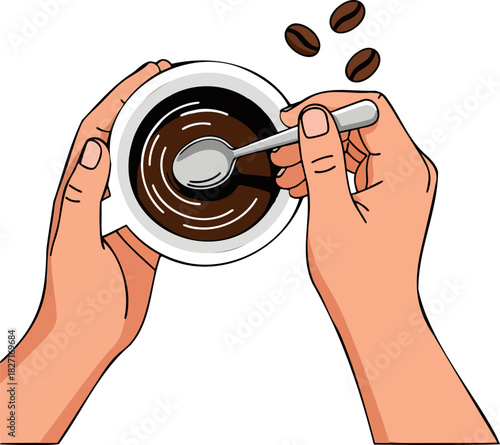 Coffee Ritual: A top-down view captures hands delicately stirring a cup of freshly brewed coffee, accompanied by a few scattered beans, evoking warmth and the daily morning ritual.