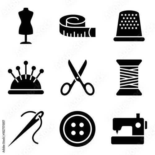 Icon Set of Tailoring Tools and Accessories in Black  