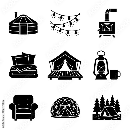 Icon Set of Camping and Cozy Home Elements in Black  