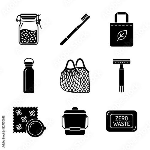 Icon Set of Eco-Friendly Zero Waste Products  