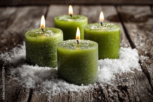 Four green candles burn amid artificial snow on a wooden surface