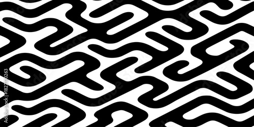 A seamless abstract geometric pattern composed of thick black rounded lines arranged diagonally across a light cream background.