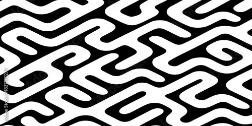A seamless abstract geometric pattern composed of thick black rounded lines arranged diagonally across a light cream background.