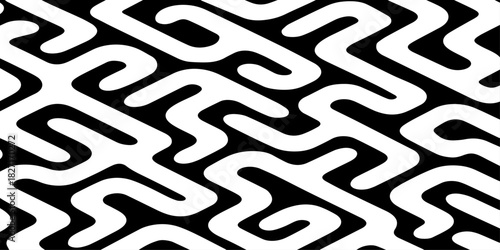 A seamless abstract geometric pattern composed of thick black rounded lines arranged diagonally across a light cream background.