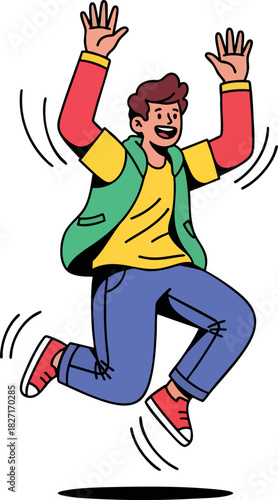 Joyful Leap: A young man takes flight in a joyful leap, hands raised high, radiating happiness and boundless energy.