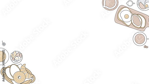 カフェ 朝食 俯瞰 フレーム 16:9 ミニマル 背景 コーヒー パン 食べ物 テンプレート