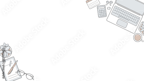 ビジネス デスク 俯瞰 フレーム 16:9 ミニマル 背景 ノートパソコン 文房具 オフィス テンプレート