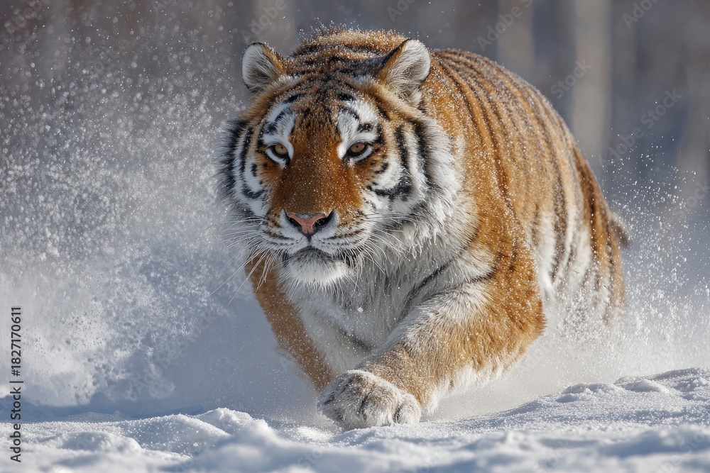 Obraz premium A tiger runs through the snow kicking up white powder The big cat is in motion its fur dusted with snow