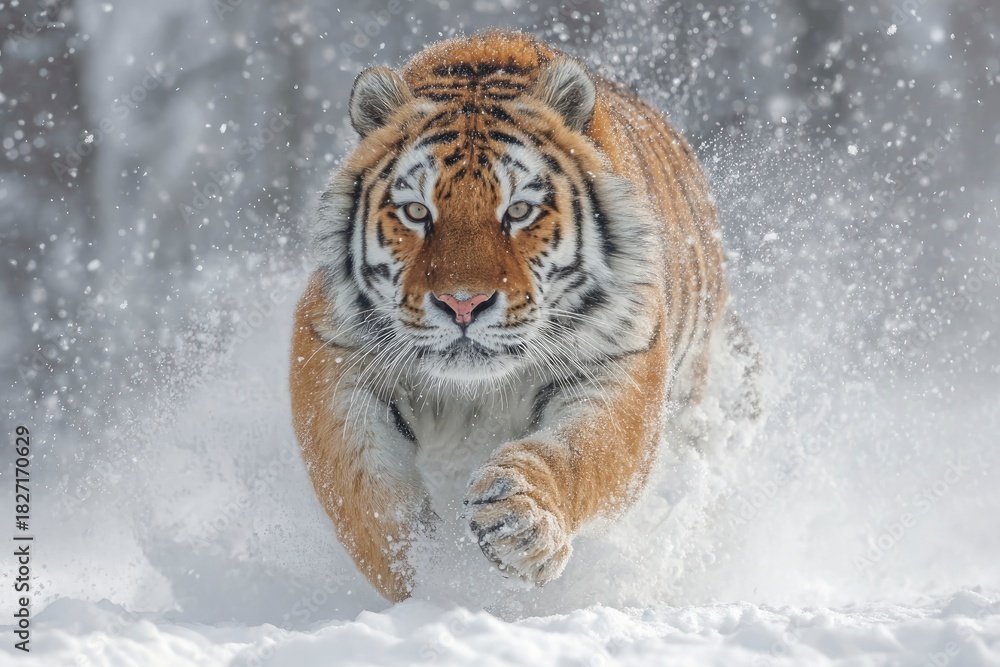 Obraz premium A tiger runs through snow its face and paws visible