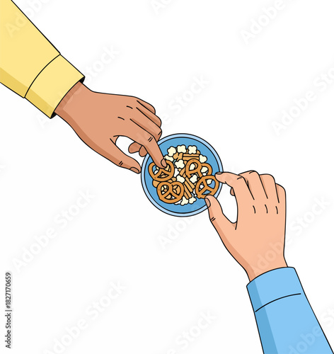 Snack Sharing Moment: A moment of connection, with two hands reaching for a shared bowl filled with savory pretzels, inviting a sense of togetherness and enjoyment.