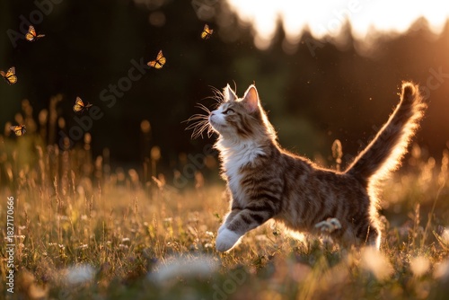 A cat runs through a field looking at butterflies