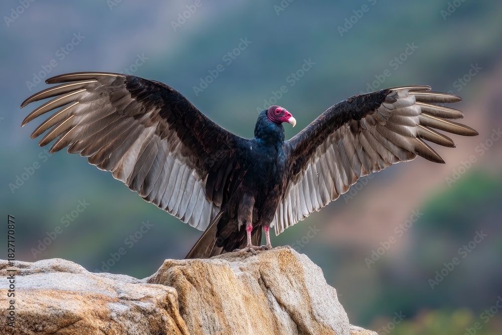 Obraz premium A turkey vulture perches atop a tan rock wings spread wide against a blurred natural backdrop
