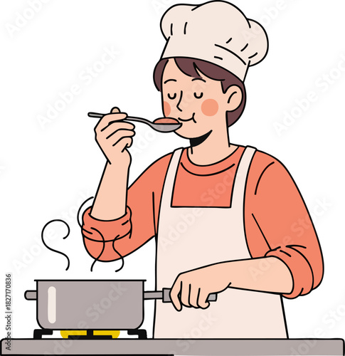 Chef's Culinary Creation: A culinary artist in a chef hat and apron meticulously tastes a spoonful of simmering delight from a stainless steel pot, embodying the essence of cooking