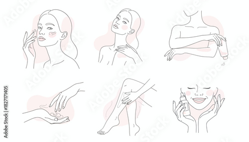 Elegant line art collection of a womans daily skincare and beauty routine. Flat Vector Illustrations. EPS Editable