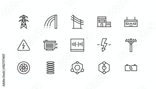 Energy and electricity thin line vector icon collection. Flat Vector Illustrations. EPS Editable