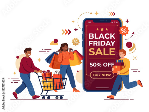 Diverse group of people shopping online during a Black Friday sale event. Flat Vector Illustrations. EPS Editable