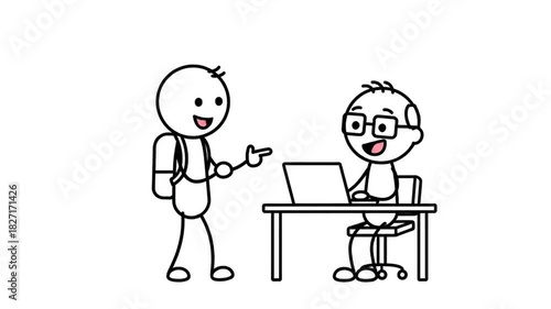 Lively cartoon stickman offers help to confused colleague struggling with laptop computer teamwork concept isolated on white background