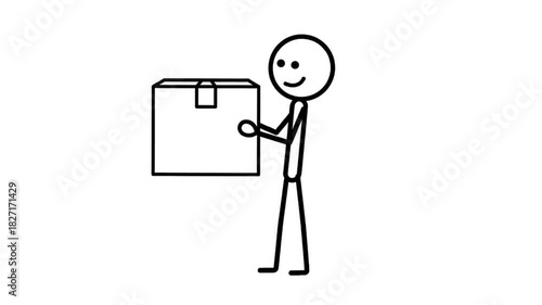 Lively Cartoon Stickman Safely Lifting a Cardboard Box with a Smile on a Clean White Background Simple Animation Showing Proper Lifting Technique