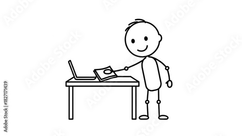 Lively Cartoon Stickman Wiping A Table Clean With A Laptop And Book In A Simple Line Drawing Style Isolated On A White Background