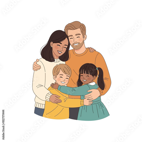 Happy diverse multiracial family with two children hugging together. Flat Vector Illustrations. EPS Editable