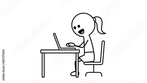 Lively Stick Figure Woman Working on Laptop at Desk Typing and Smiling Eye Level View White Background Simple Cartoon Animation