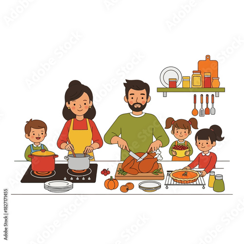 Happy family cooking Thanksgiving dinner together in the kitchen illustration. Flat Vector Illustrations. EPS Editable