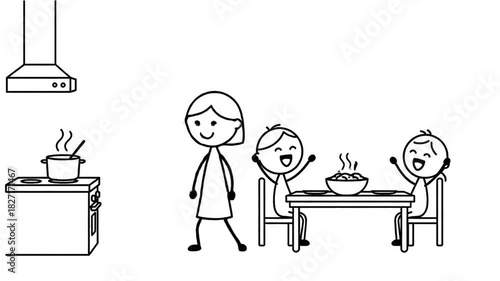 Mother Serving Hot Meal To Happy Family At Dining Table Kitchen Scene Simple Cartoon Illustration