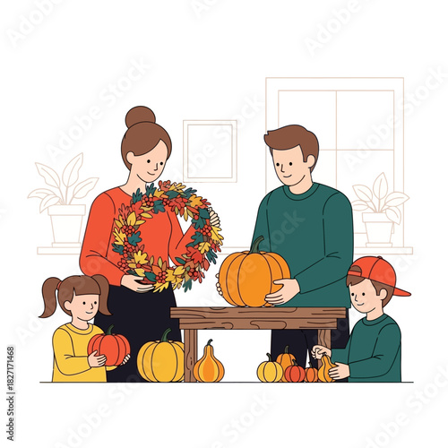 Happy family with children preparing for autumn holiday celebration. Flat Vector Illustrations. EPS Editable