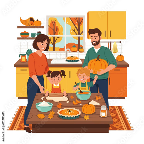 Happy family with children cooking Thanksgiving dinner together in the kitchen. Flat Vector Illustrations. EPS Editable