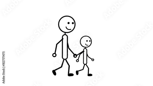Parent Guiding Child Safely A Black And White Stick Figure Animation Walking Hand In Hand On A White Background With A Cheerful Atmosphere And Gentle Movement