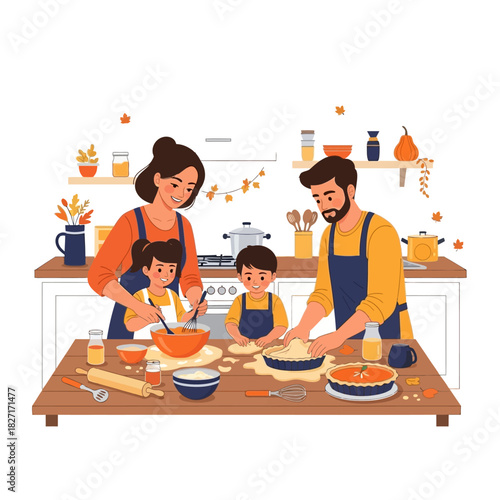 Happy family with two children baking a pie together in the kitchen for a holiday celebration. Flat Vector Illustrations. EPS Editable