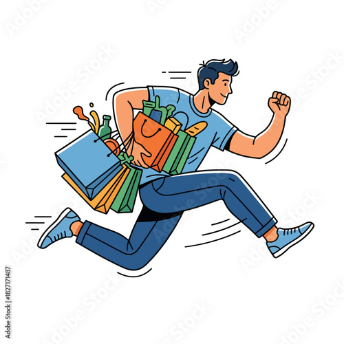 Happy male shopper running with his purchases and groceries. Flat Vector Illustrations. EPS Editable