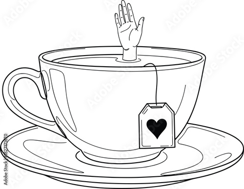 Surreal illustration of a hand rising from a teacup with tea bag and saucer, perfect for creative concepts, fantasy art, and symbolic designs