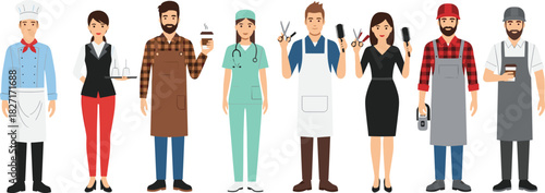 Professionals in various occupations including chef, waitress, barista, doctor, hairdresser, mechanic, and worker illustrated in flat style for career and business themes